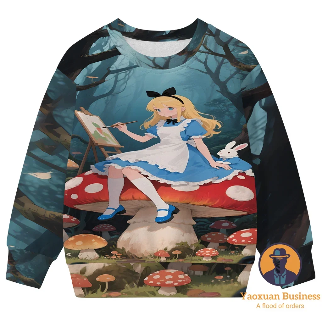 

2025 Hot Sale White Alice In Wonderland Children Boys Girls 3D Printed Cartoon Crew Neck Sweatshirt Cute Warm Windproof Autumn