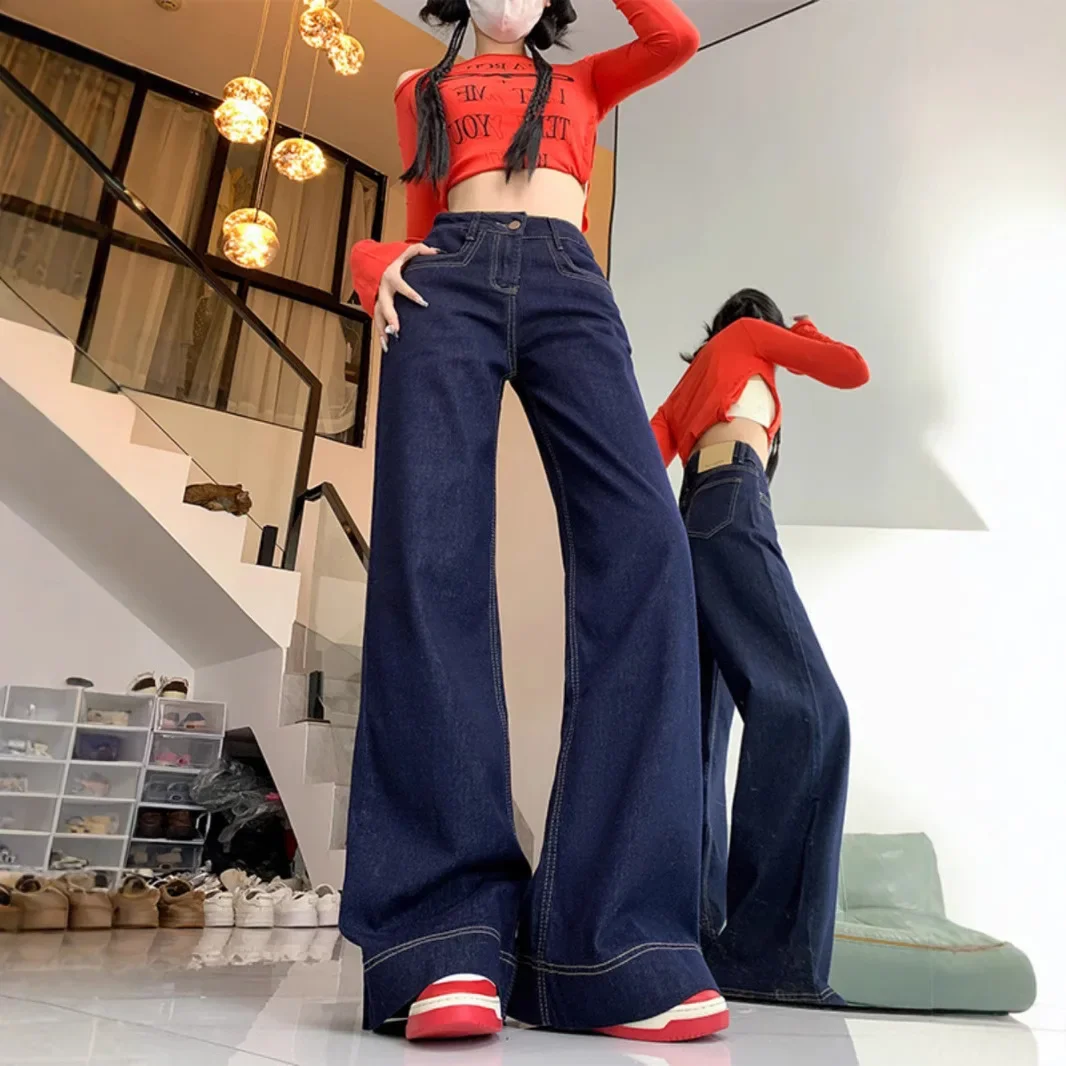 Deepblue Wide-Leg Jeans Women's New 2024 Autumn/Winter Loose-Fit High-Waisted Petite Bell-Bottom Pants Straight-Leg Pants