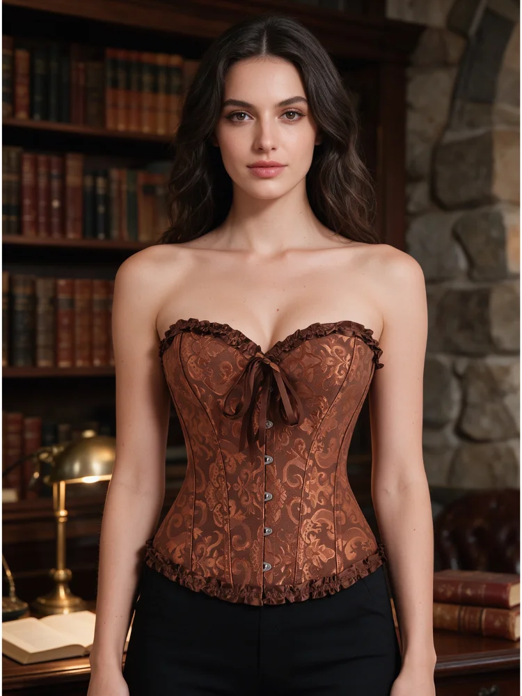 Damen-Bustier-Korsett im viktorianisch-gothischen Stil mit Jacquard-Vorderseite und Busk, Taillenformer für Halloween-Partys – Detail 13