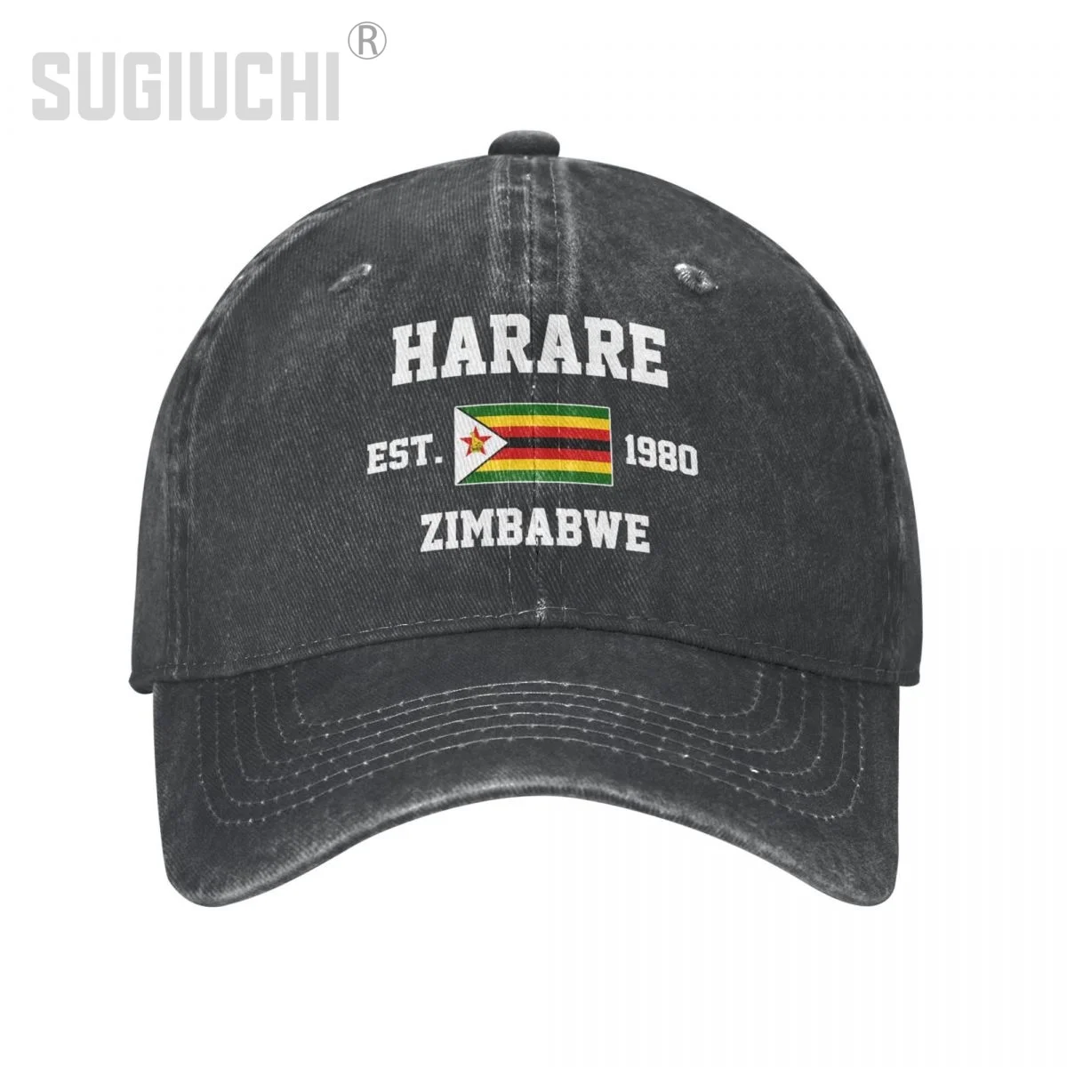 Flag of Zimbabwe EST.1980 Harare Unisex Adult Charcoal Washed Denim Baseball Cap Men Vintage Cotton Dad Patriotic Trucker Hat