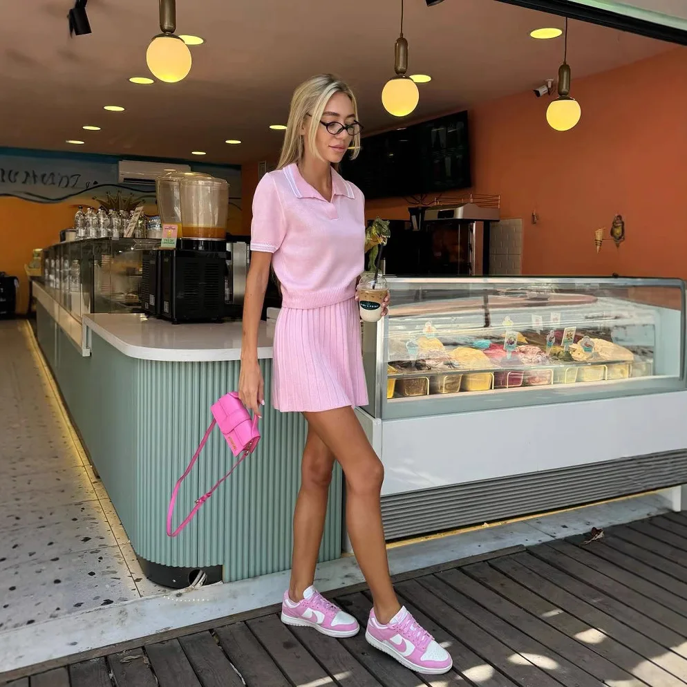 

2026 New Fashionable Knitted Shirt + Skirt Two-piece Sets Women Summer Sexy And Elegant Solid Color Top And Skirt Set For Women