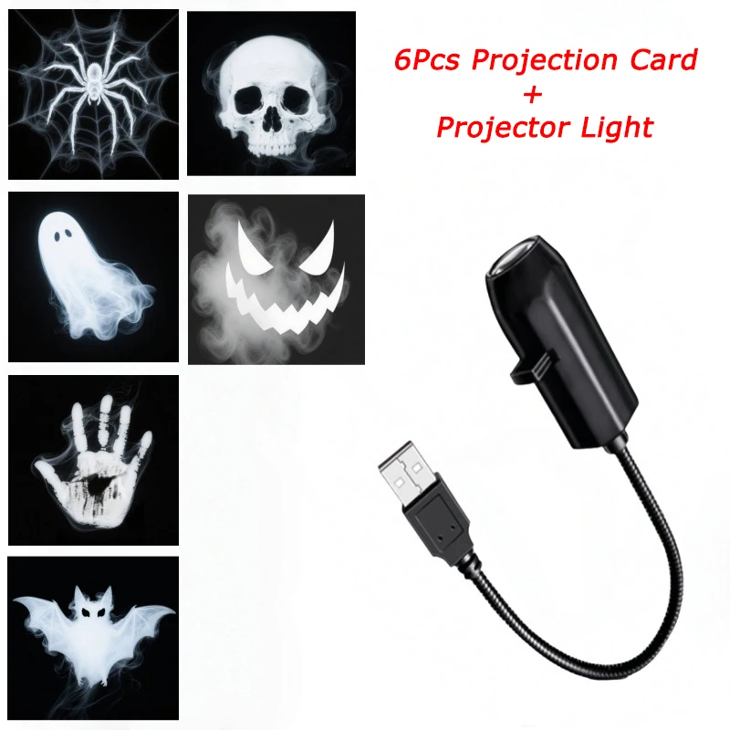 360 °   Projetor de luz LED de caveira rotativa com impressões de palma intercambiáveis e vozes, decoração de Halloween alimentada por USB para teto e parede