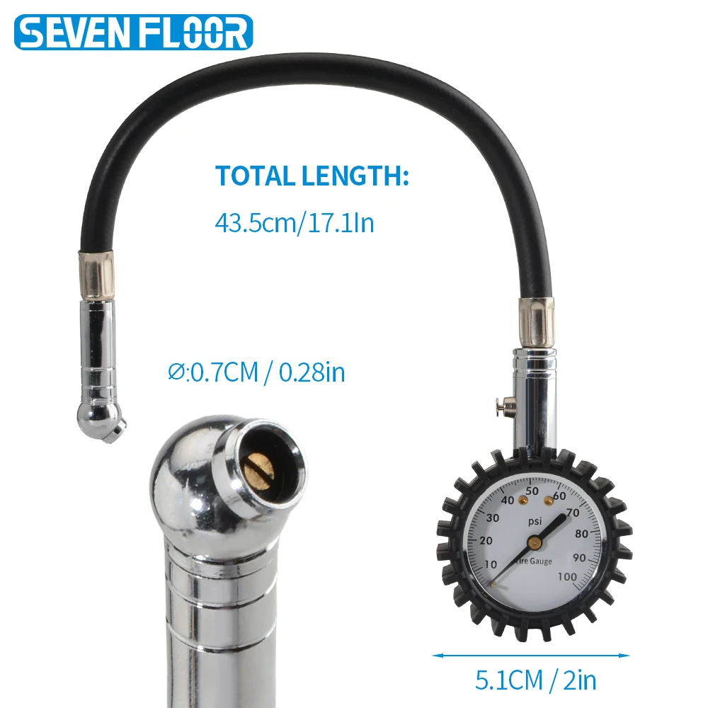 Tyre Pressure Gauge 100PSI with Long Rubber Hose Air Pressure Check Meter for Motorcycle Motorbikes Scooter Moped