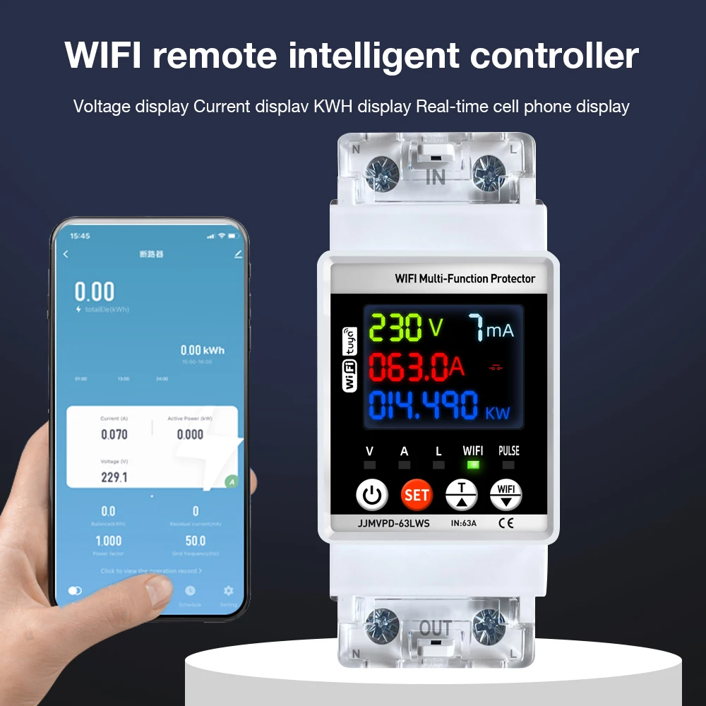 Tuya WiFi Reclosing Protector 63A Smart Power Meter Switch Color Screen Leakage Current Voltage Protection by Moblie APP Control
