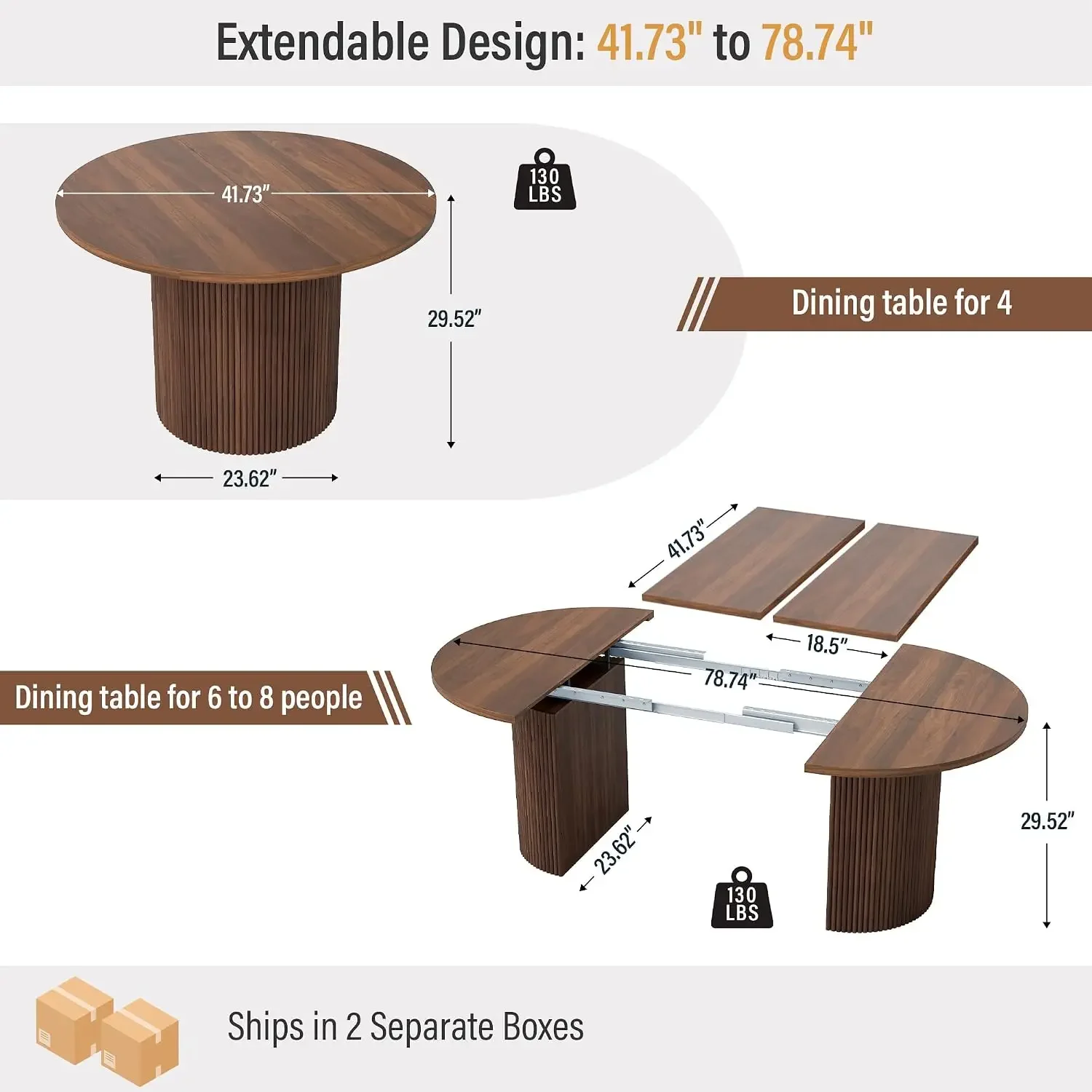 41 in-78 in Extendable Dining Room Table for 4-8, Round Expandable Kitchen Table with Fluted Base, Modern Farmhouse Oval Dinner