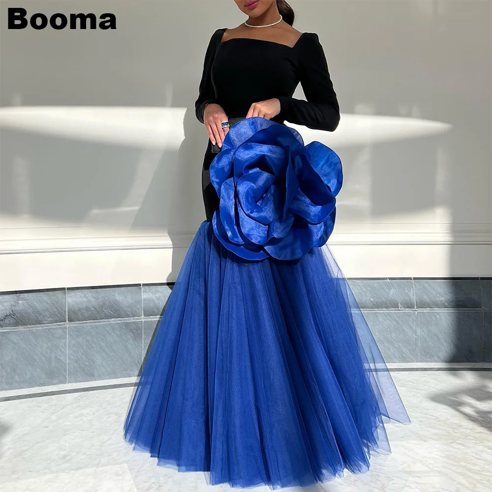 

Booma Black Blue Formal Prom Dresses 3D Flowers Long Sleeves Tulle Mermaid Evening Gowns Elegant Party Dresses for Women 2023