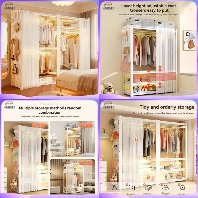 Freestanding Coat Rack Steel Clothes Hanger Stand Bedroom Wardrobe Organizer Adjustable Hat Storage Shelf Easy Assembly Home
