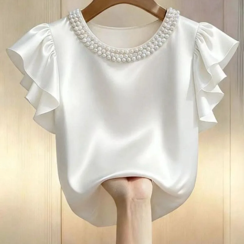 Comfortable Satin Blouse with Pearl Neckline Ruffle Sleeves | Elegant Workwear Top Elegant French Trendy Office Lady Workwear