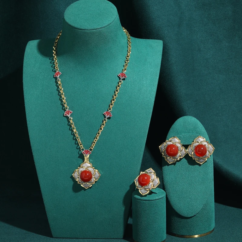 

Vintage Rich Flower Red Jewelry Sets Glass Antique Gold Color Pendent Necklace Stud Earrings And Ring Engagement High Decoration
