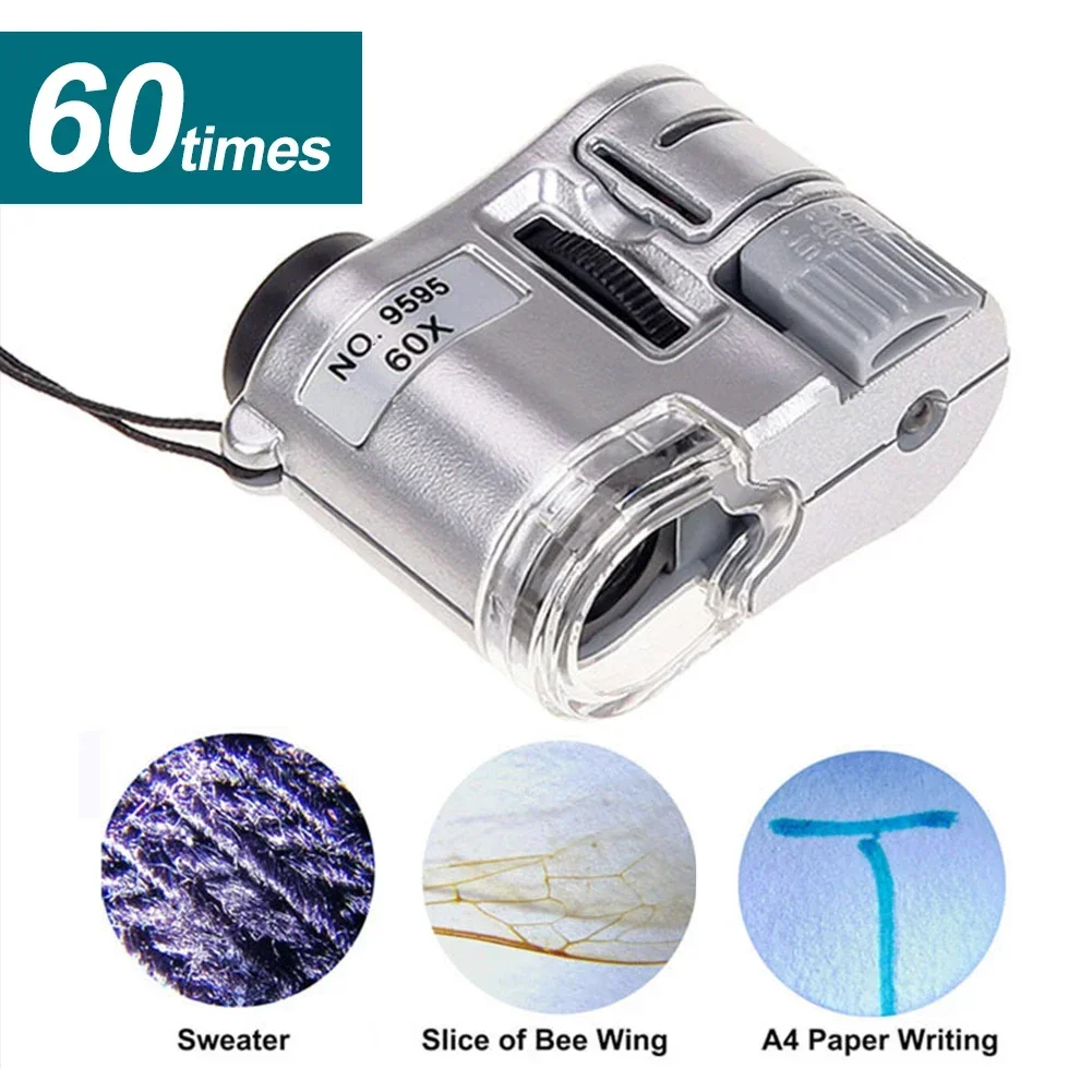 60X Handheld Magnifying Glass Mini Pocket Microscope Loupe Currency Detector Jeweler Magnifier With LED Light