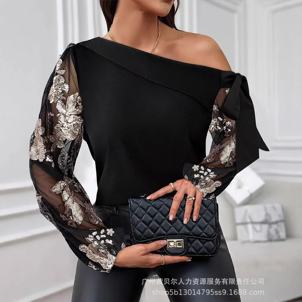 Women Top Print Mesh Spliced Sequins T Shirt Skew Collar Full Sleeve Tops Casual Elegant Lady Regular Pullovers Autumn