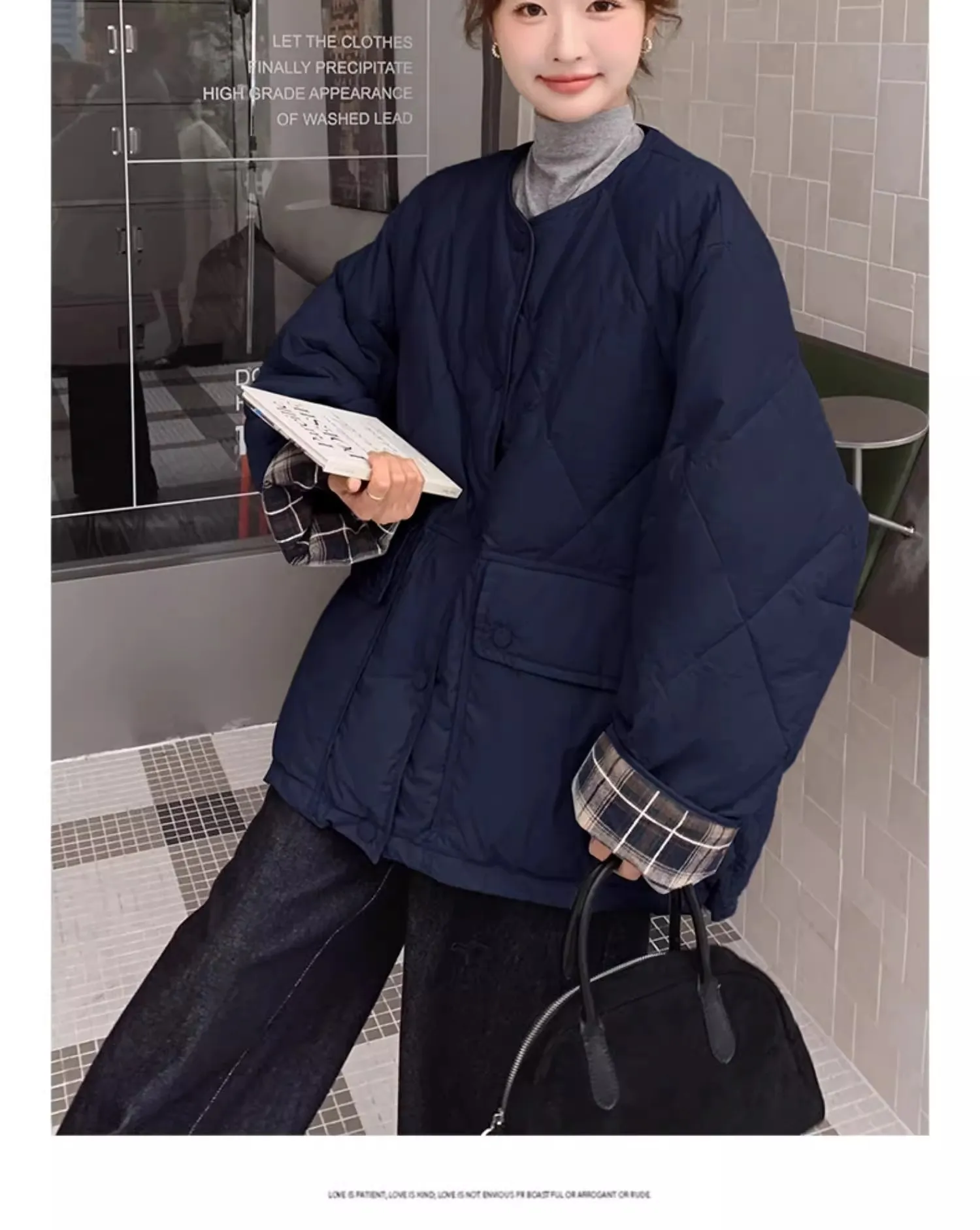 Retro Plaid Patchwork Lightweight Puffer Jacket Autumn Winter Loose Casual Quilted Jacket Female Round Neck Commute Padded Coats