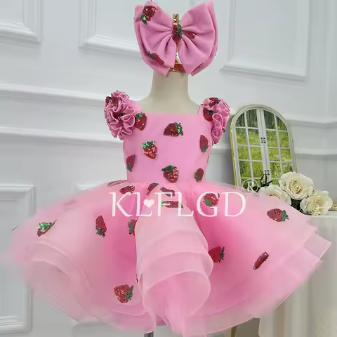 KLFLGD Toddler baby girl one year old dress strawberry print puff sleeves fluffy skirt baby girl Christmas evening dress