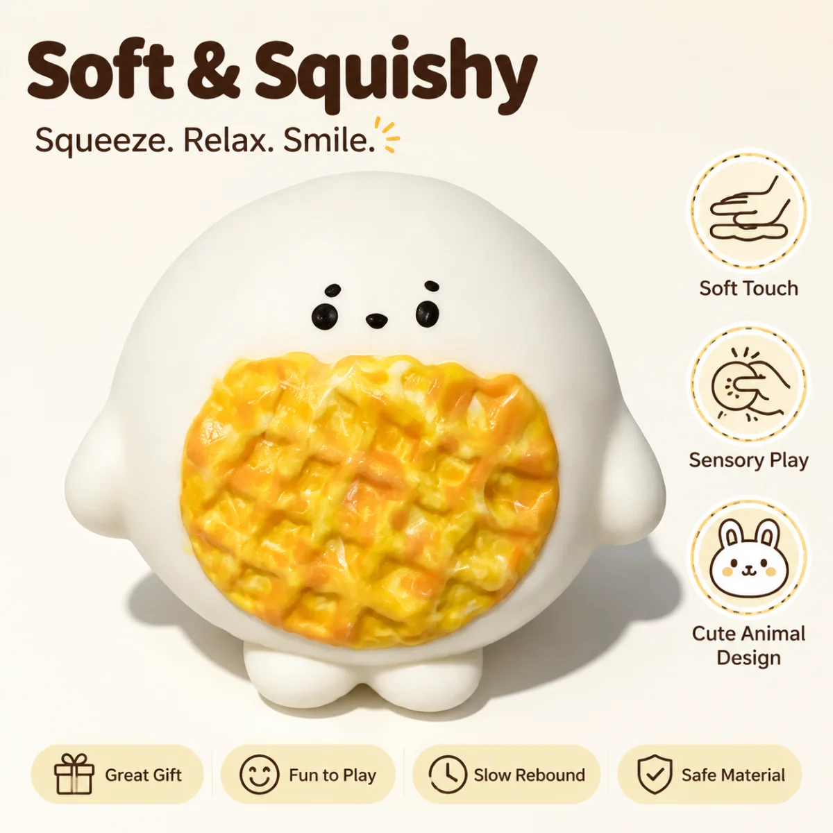 Cute Round Character Squeeze Toy Food‑Grade Silicone Simulation Rice Ball Squishy Toy Yellow Waffle Patch Anti Stress Fidget Toy