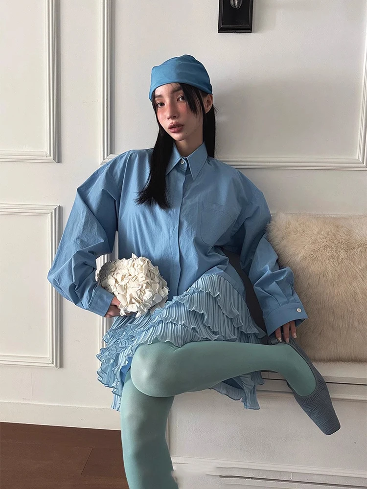 Estilo coreano primavera verão turn-down colarinho cor sólida emendado em camadas vestido mulher doce a linha vestido