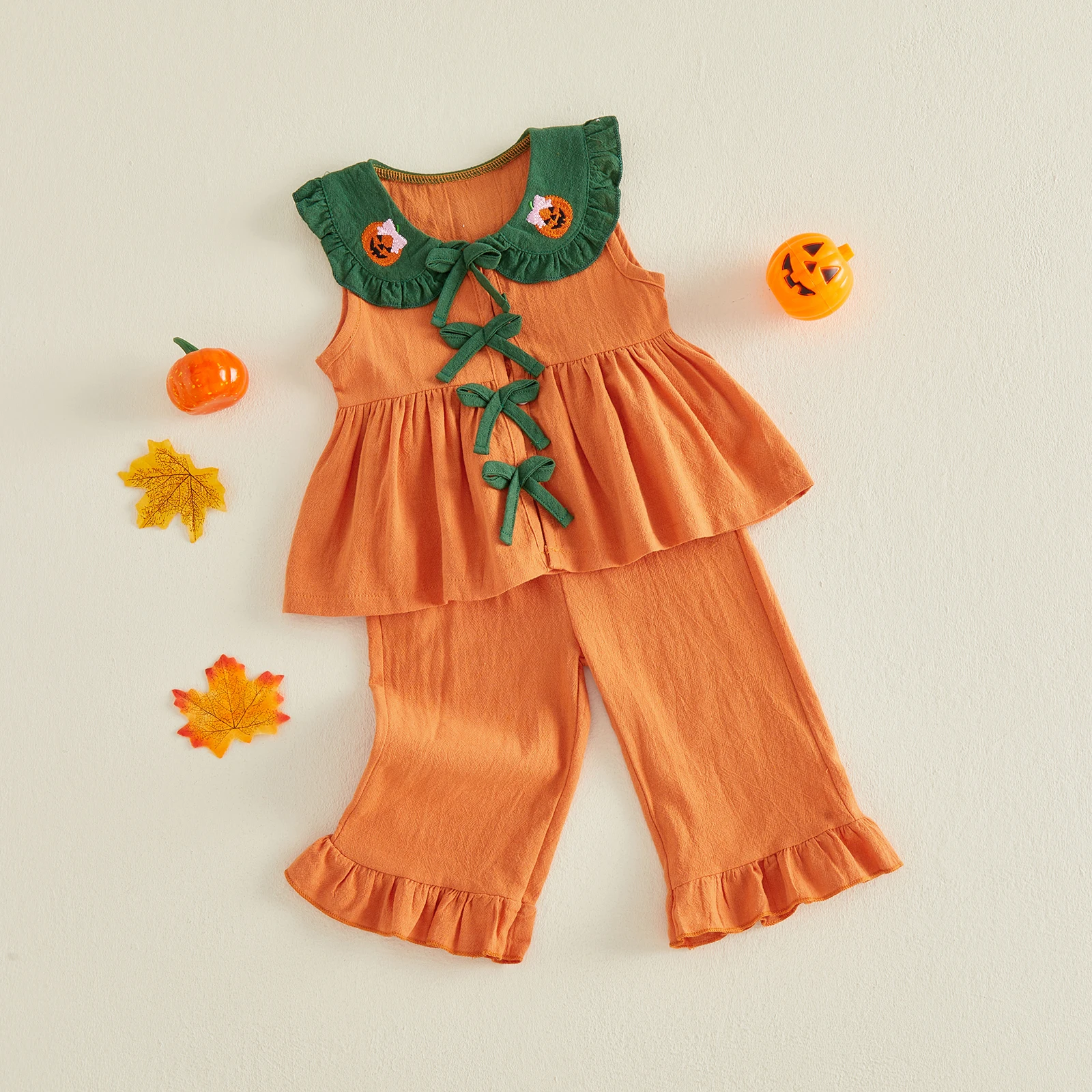 1-4Y Kids Girls Halloween Clothes, Embroidery Pumpkin Tank Top with Pants 2-piece Halloween Costume Outfit