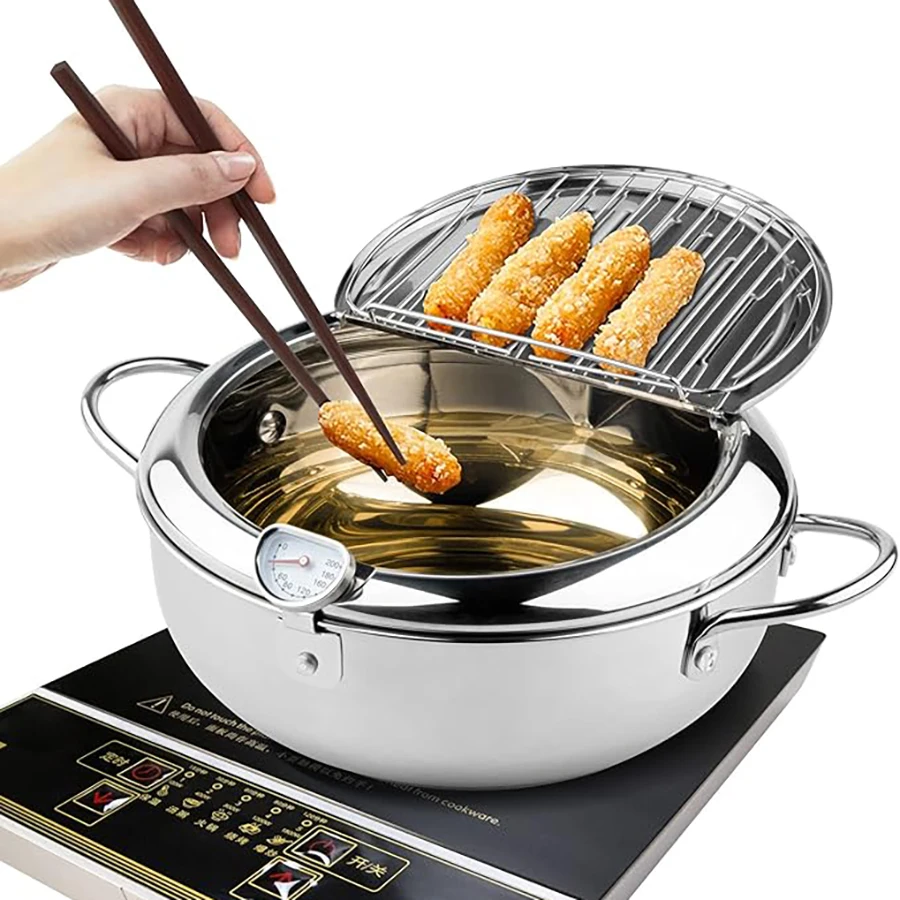 Fritteuse-Topf im japanischen Stil, Tempura-Brattopf mit Deckel, 304 Edelstahl mit Temperaturregelung und Öltropfgestell