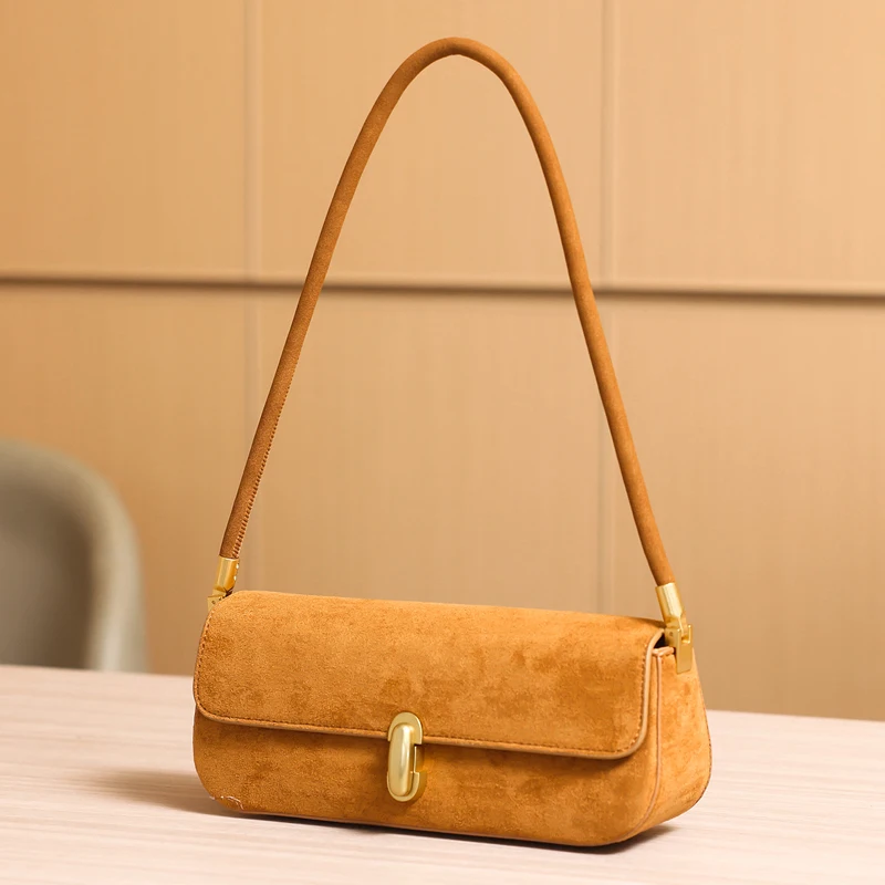 Vintage Faux Suede Box Bags For Women Luxury Designer Handbags And Purses 2024 New In PU Lock Decoration Small Underarm Shoulder