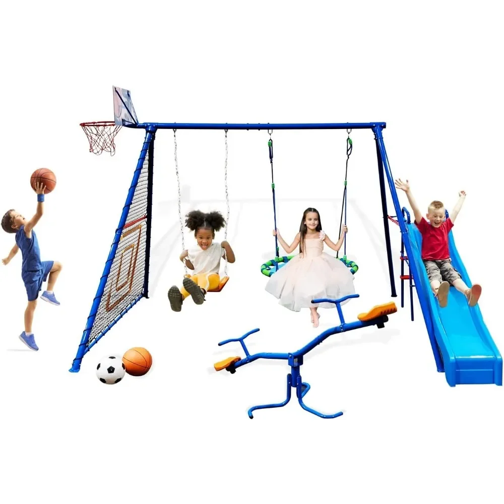 

6 Station Sports Metal Swing Set for Backyard with Slide Seesaw, Saucer Swing, Basketball Hoop, and Soccer Rebounder (8413)