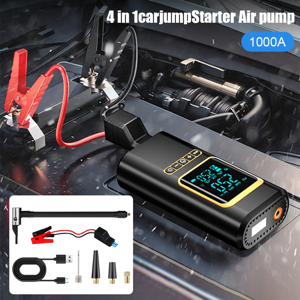 120W 1000A Car Jump Starter Power Bank 4 In 1 150PSI Air Compressor Tire Inflator Portable Battery Booster with LED Flashlight