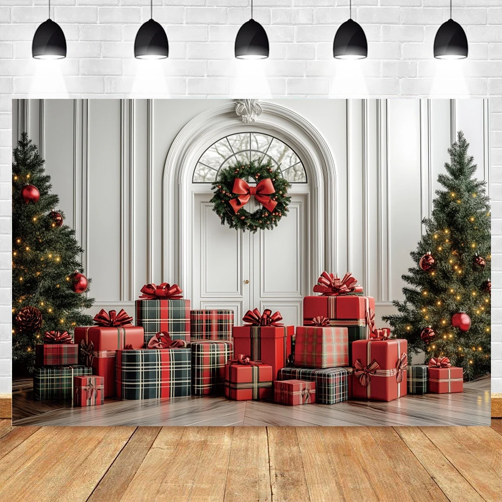 خلفيات عيد الميلاد الاحتفالية للصور الفوتوغرافية القوس الأحمر شجرة قوس الهدايا زينت الاطفال الأسرة صورة ديكور خلفية استوديو الصور