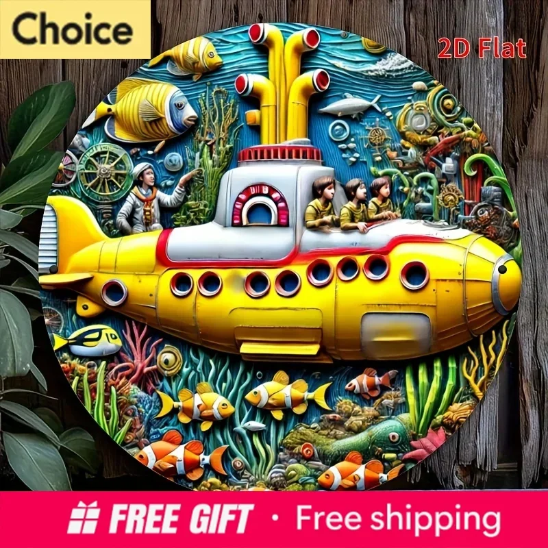2D Flat Vibrant Yellow Submarine Underwater Adventure Round Metal Tin Sign, Whimsical Tropical Fish Coral Wall Decor, Nautica