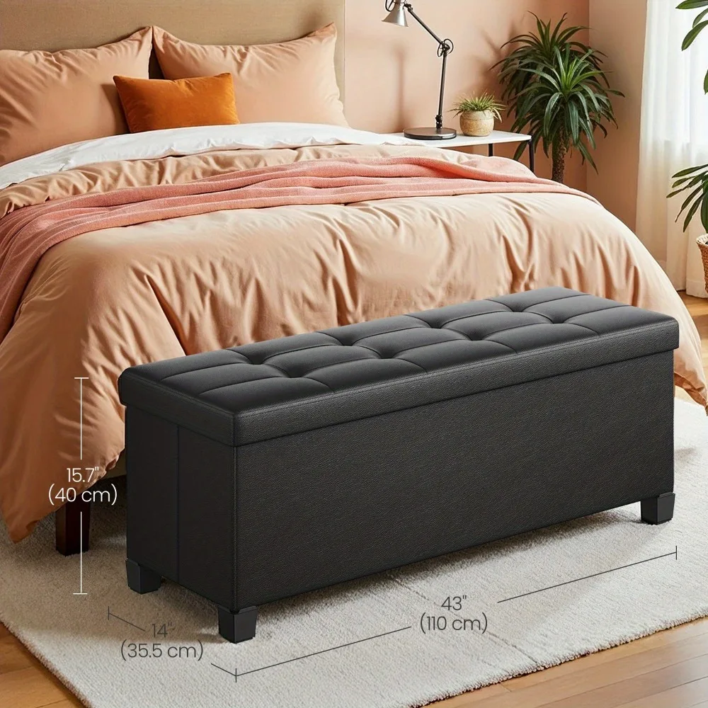 

Modern Black Storage Ottoman Bench - 15x43x15.7 Inch Synthetic Faux Leather Footrest with 30-Gallon Capacity, Rectangular Design