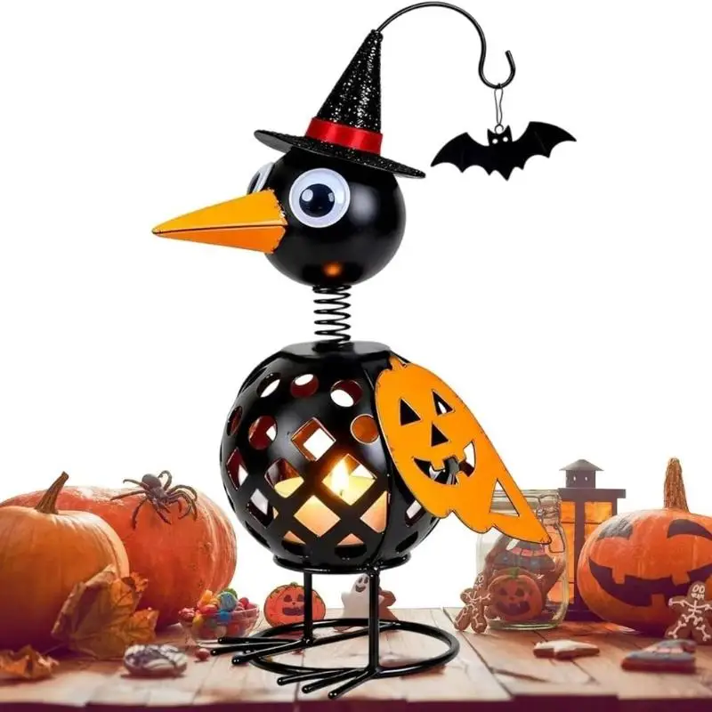 Wrought Iron Crow And Pumpkin Ornament Halloween Candle Holder Metal Bird Decor With Lantern Vintage Jack O Lantern Table Statu