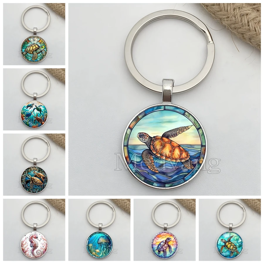 Exquisite Turtle Keychain Colorful Sea turtle Photos Glass Keyring Gift For Friends Wholesale of Marine Animal Souvenirs
