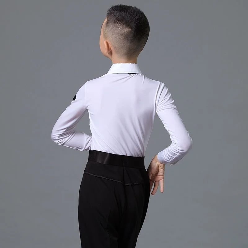 New Professional boy Latin Dance Shirt White color Performance Costume Rumba Samba Dance Wear One-piece dance shirt for kids