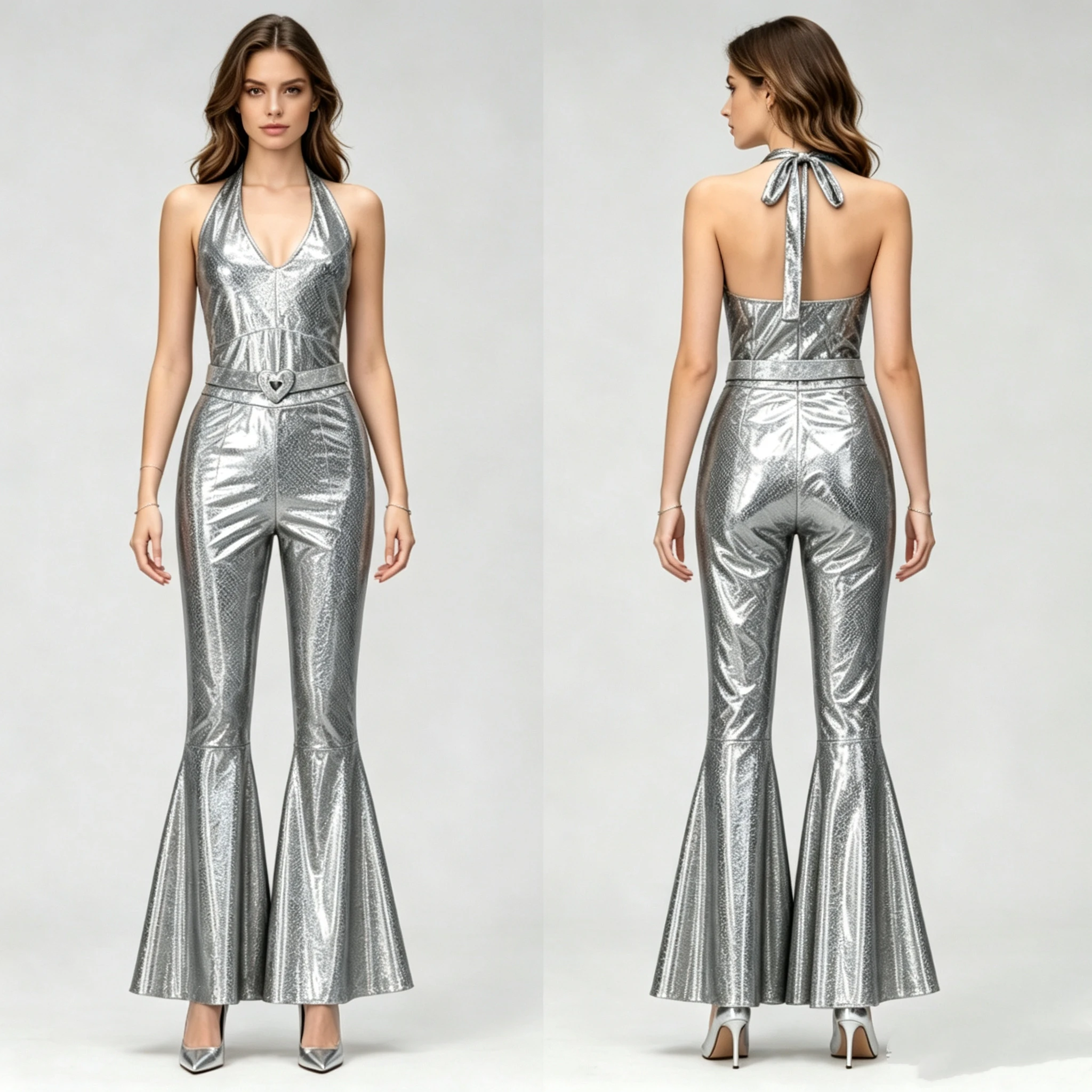 Funkelnder Metallic-Discobodysuit für Damen, ärmellos, mit V-Ausschnitt, rückenfrei, Schlaghose, 70er-Jahre-Nachtclub-Bühnen-Cosplay-Outfit – Detail 3