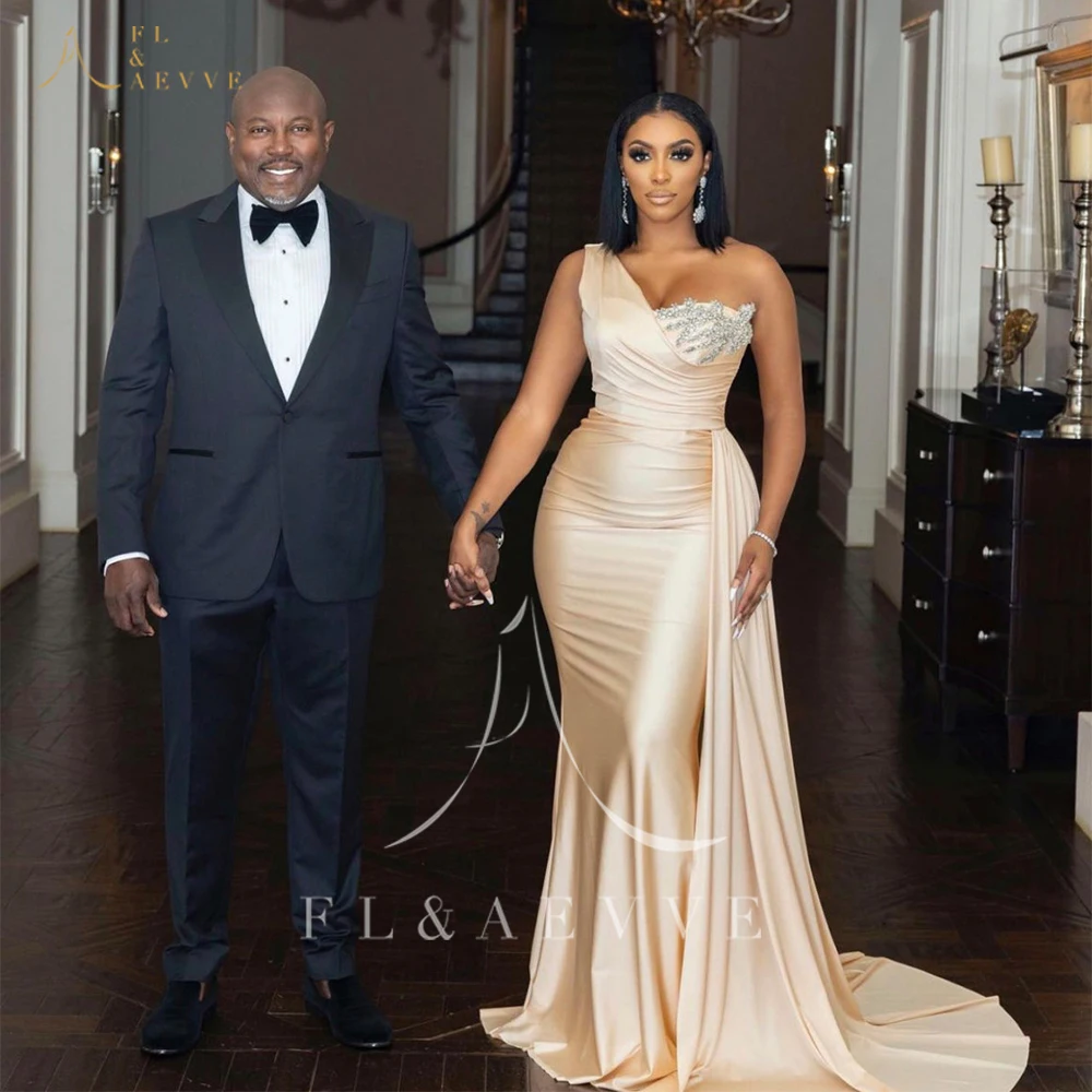 FL&AEVVE Champagne Beaded Crystal One-Shoulder Bridesmaid Dress Customized Long Formal Evening Gown for Wedding Party Robe