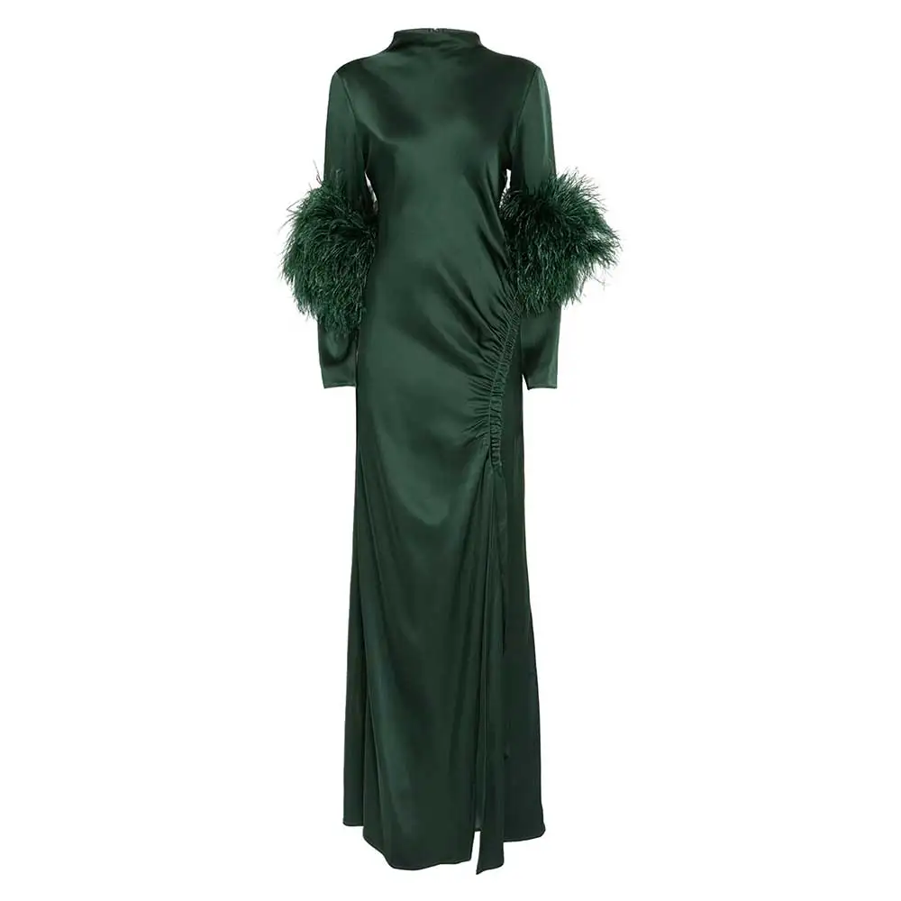 YUMDAI Luxurious Dubai Evening Gown Long Sleeve Feather Rhinestone Ball Gown 2024 Elegant Dark Green Satin Wedding Guest Dress