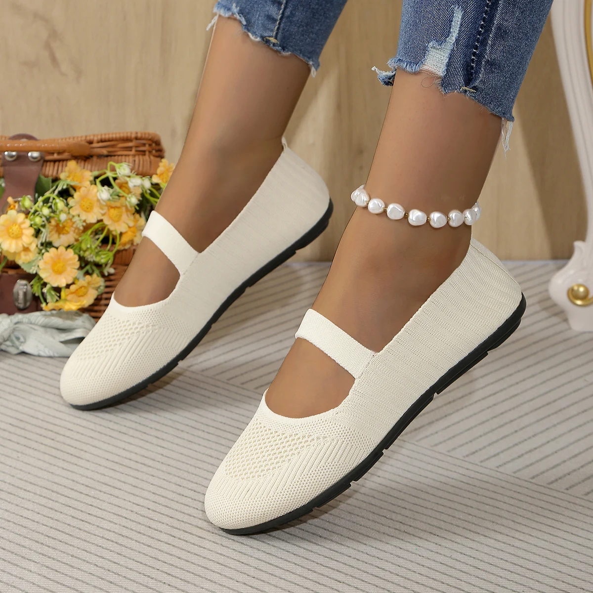 Elastic Knitted Flats Shoes for Women 2024 Summer Breathable Soft Loafers Woman Lightweight Slip on Casual Shoes Mom Moccasins