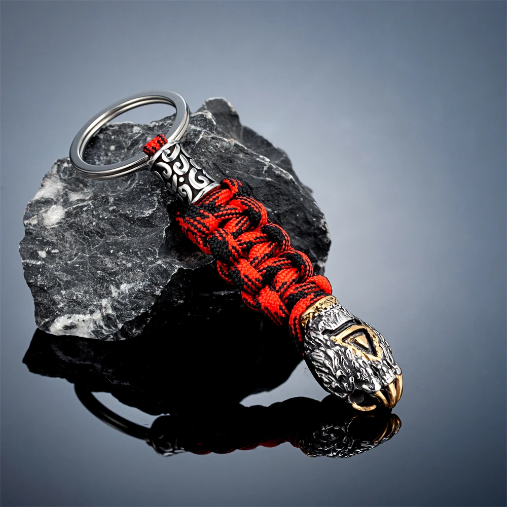 Retro Norse Bear Claw Keychain Handmade Braided Men Vikings Wolf Paracord Rope Survival Keyring Stainless Steel Outdoor Jewelry