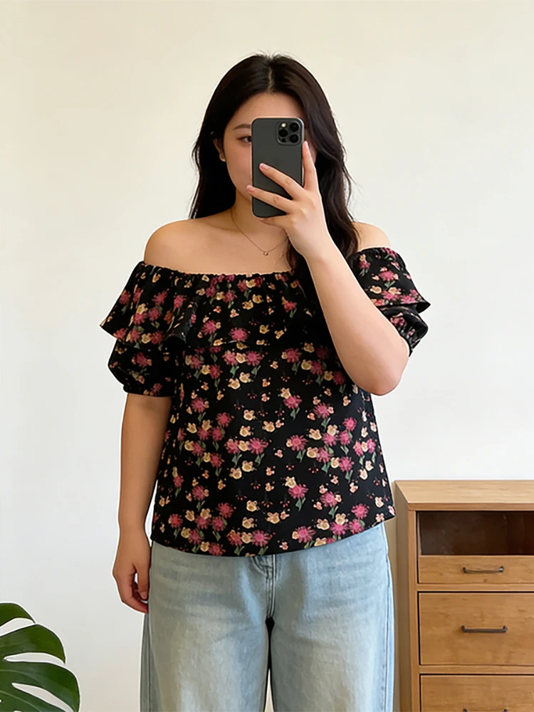 

Летняя новинка: женская блузка больших размеров с цветочным принтом, на одно плечо, с коротким рукавом, из шифона, в корейском стиле, универсальная, стройнящая.