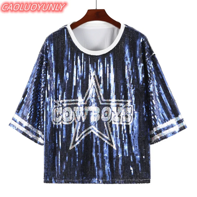 Summer High Quality Streetwear Geometric Letter Stripe Sequins Short Sleeve T-Shirt Hip Hop Round Neck Night Club Women\' Wears