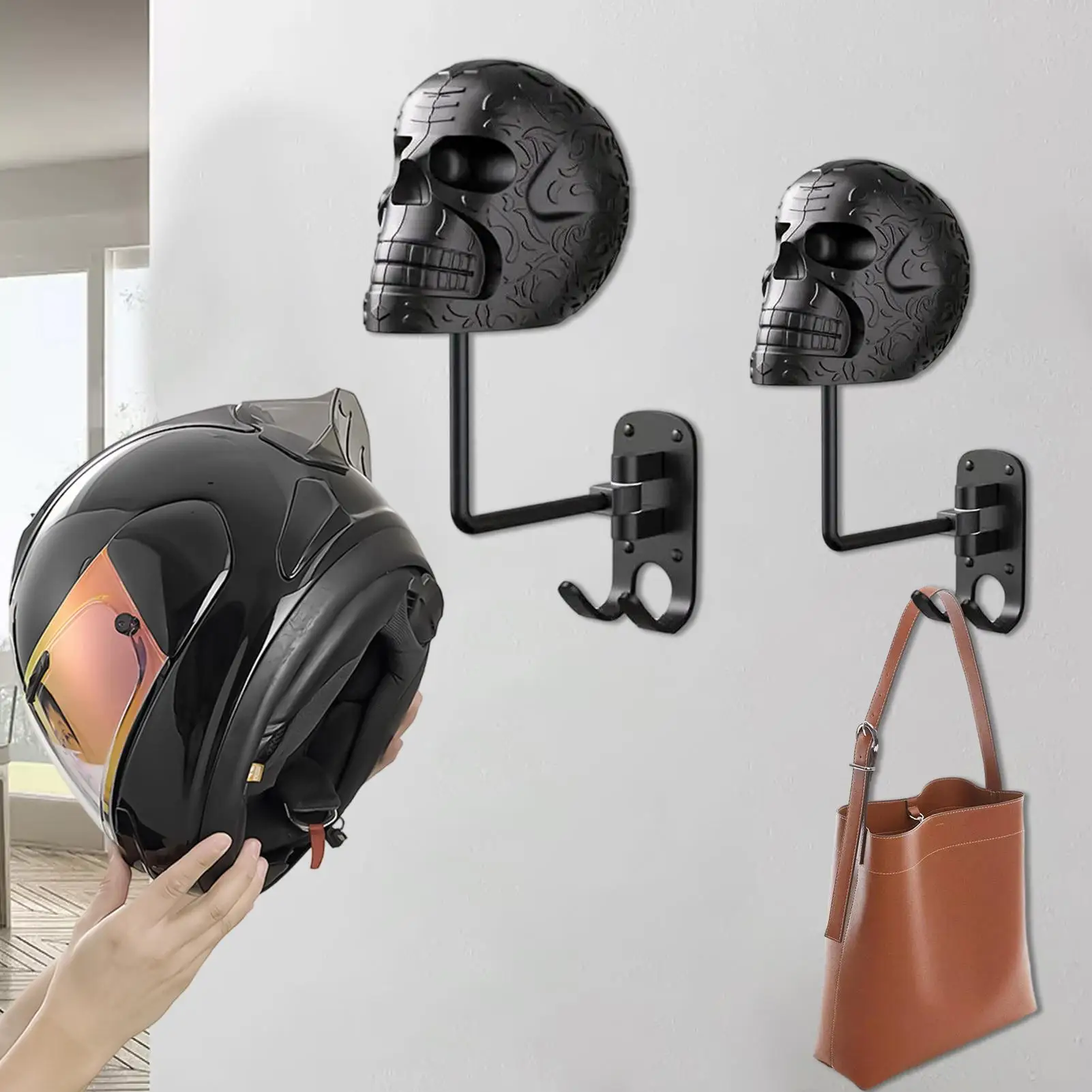 

Motorcycle Helmet Rack Wall Mount Motorcycle Hat Storage Display Stand Skull Shape Helmet Display Holder for Garage Entryway