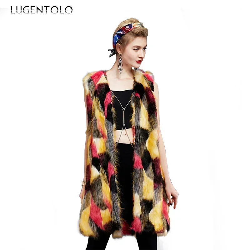 

Женский новый жилет из искусственного меха, модная красочная куртка без рукавов из искусственного лисьего меха, женская осенняя камуфляжная верхняя одежда, ткань в наличии 4XL