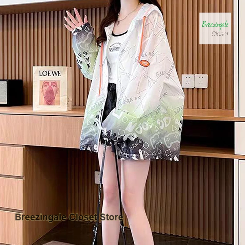 Summer thin letter printing gradient tie-dye sunscreen women French plus size loose fashion new casual Joker cardigan coat.