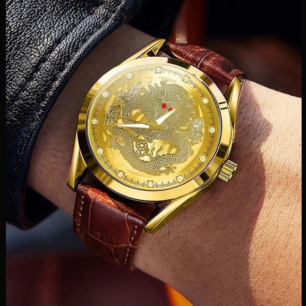 [Anillo GRATIS] Conjunto de reloj para hombre Reloj de cuarzo con correa de cuero y esfera de dragón dorado Reloj de negocios habitual de moda