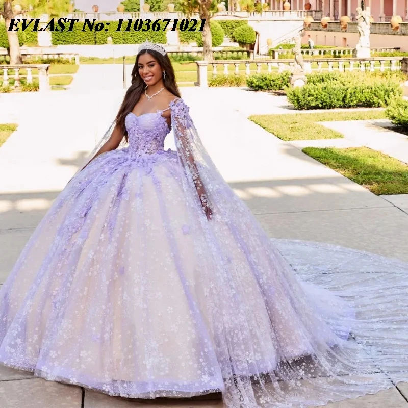 EVLAST Customized Lavender Ball Gown Quinceanera Dress 3D Floral Lace Applique Beading Cape Sweet 16 Vestidos De XV Anos SQ267