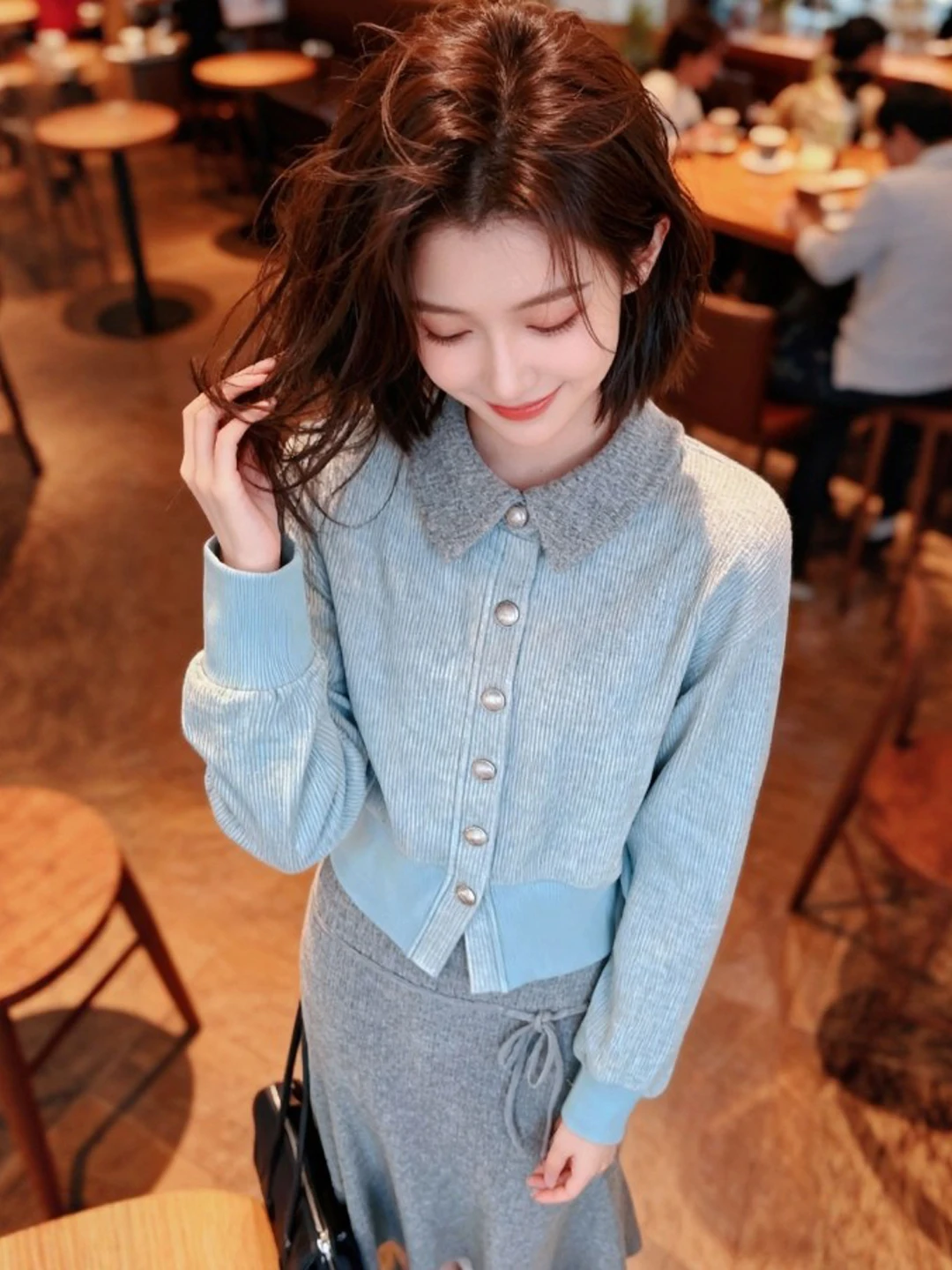 

Korean Sle Sweater Skirt Set Spring 2026 Comfortable Warm Mid-Spring Collection High Waist Long Sve Button up Pure Color