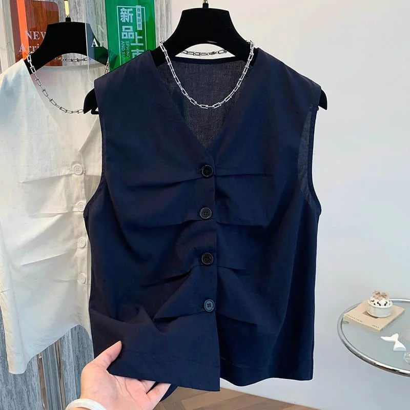 V-neck Shirts Women 2026 Summer Pleated Design Vintage A-line Single-breasted Tops Casual Sleeveless Korean Style Women Clothing