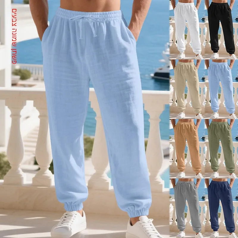 

Men's Linen Casual Loose Cuffed Pants Cotton Linen Breathable Simple Beach Pants Pure Color Straight Leg No Ironing Needed