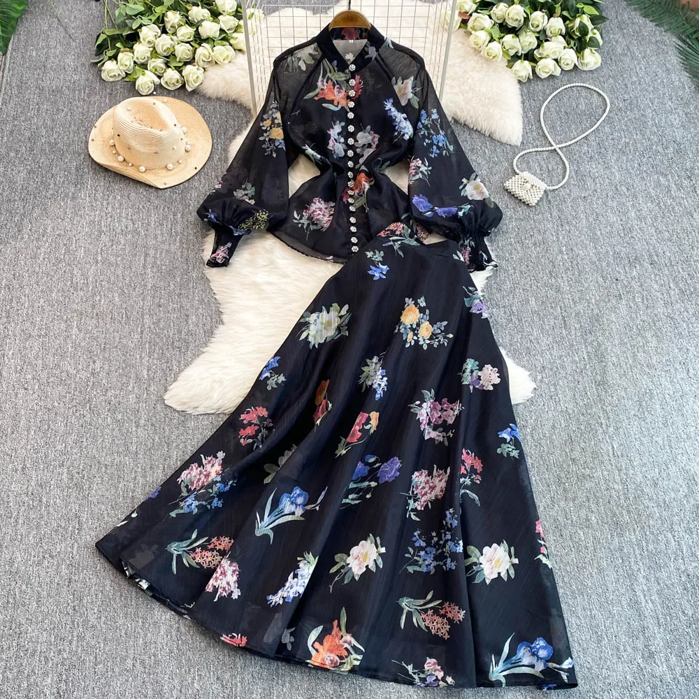 TWOTWINSTYLE Floral Elegant Two Piece Set For Women O Neck Long Sleeve Tops High Waist A Line Skirt Set Female Fashion KSE522039