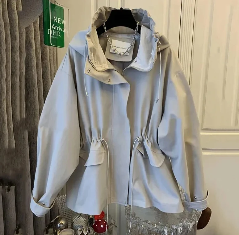 موضة ربيع الخريف للسيدات سترة بقلنسوة جديدة لعام 2025 سترة نسائية كورية فضفاضة بتصميم عتيق سترة واقية معطف نسائي خارجي غير رسمي #3