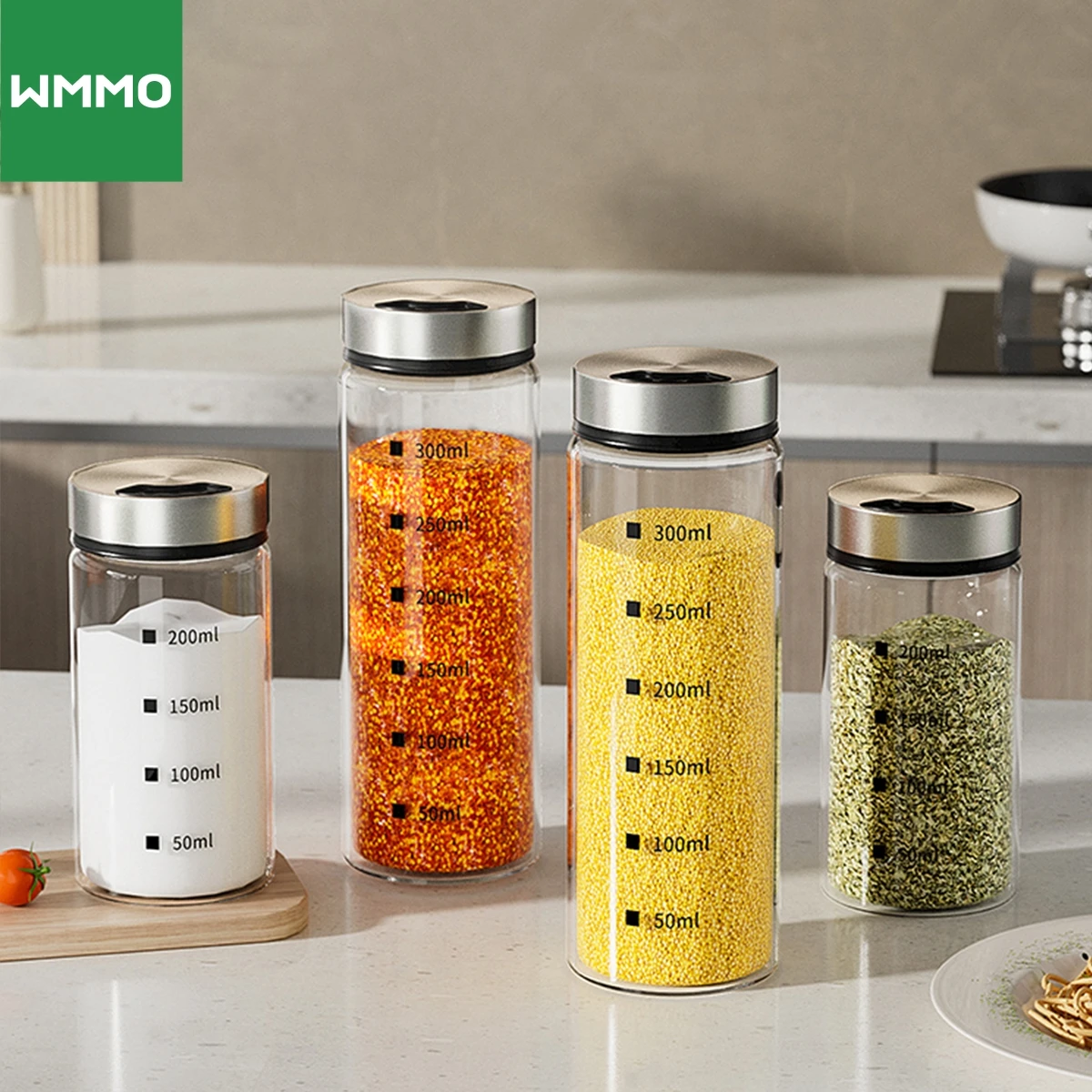 WMMO Stainless Steel Cover seasoning Shaker Adjustable High Borosilicate Glass Spice Seasoning Bottle for Kitchen Restaurant