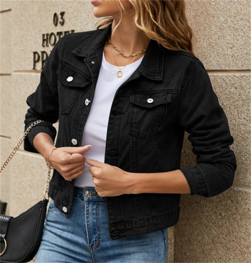 

2023 Elegant Solid Color Denim Jacket Ladies Daily Comfortable Commuter Outerwear Women's Lapel Long Sleeve Button Splicing Coat