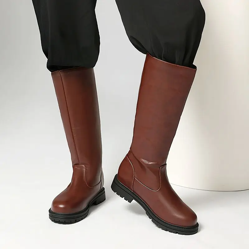SIMLOVEYO Male Female Knight Boots Round Toe Easy On 32mm Middle Heel Big Size 41 42 43 44 Retro Knee Length Botas Day Comfort